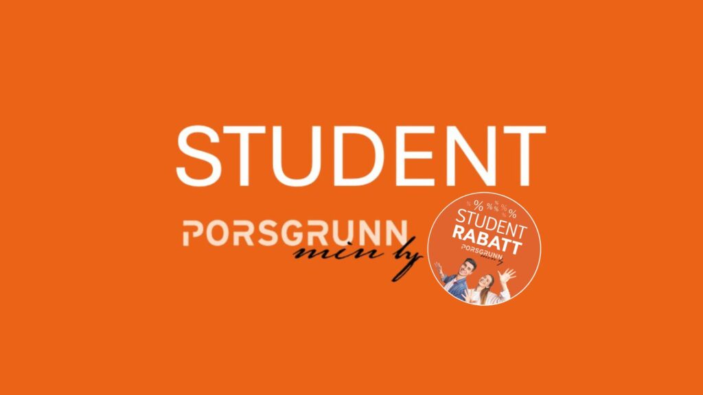 Promotional image highlighting a student discount with large 'STUDENT' text and a circular badge reading 'STUDENT RABATT' with smiling students inside.