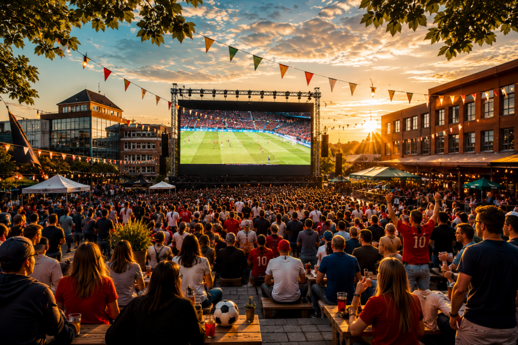 Large outdoor crowd watching a soccer match on a big screen at sunset with festive bunting and beer cups in hand.