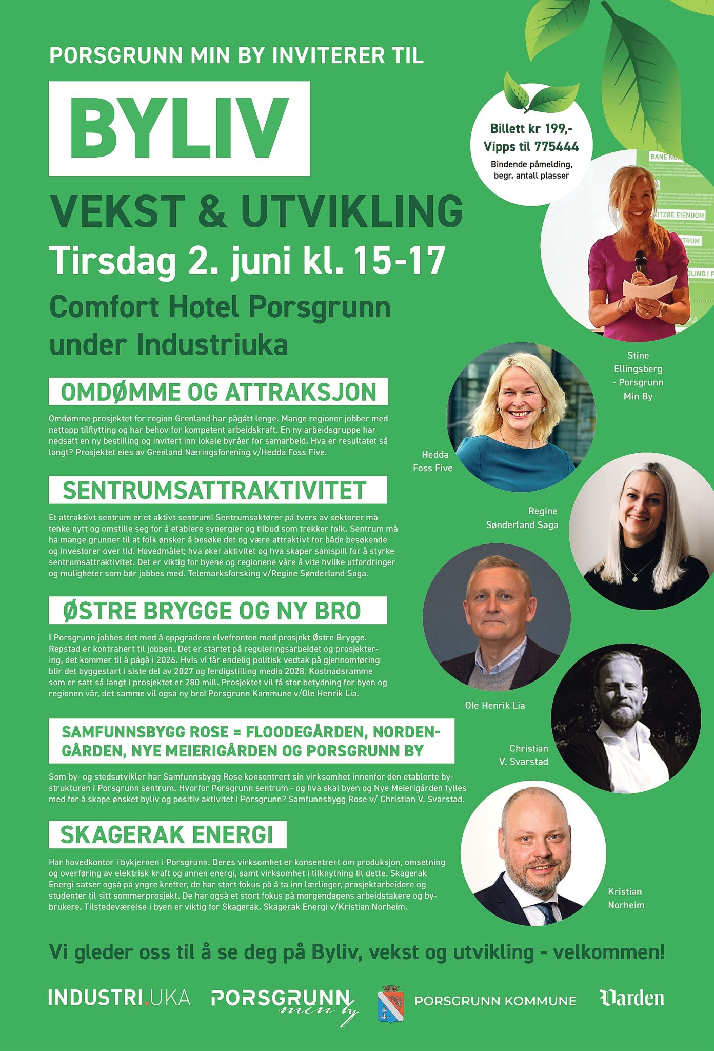 Green event poster announcing BYLIV in Porsgrunn with large BYLIV logo, program title, date, time and venue; circular speaker photos on the right.