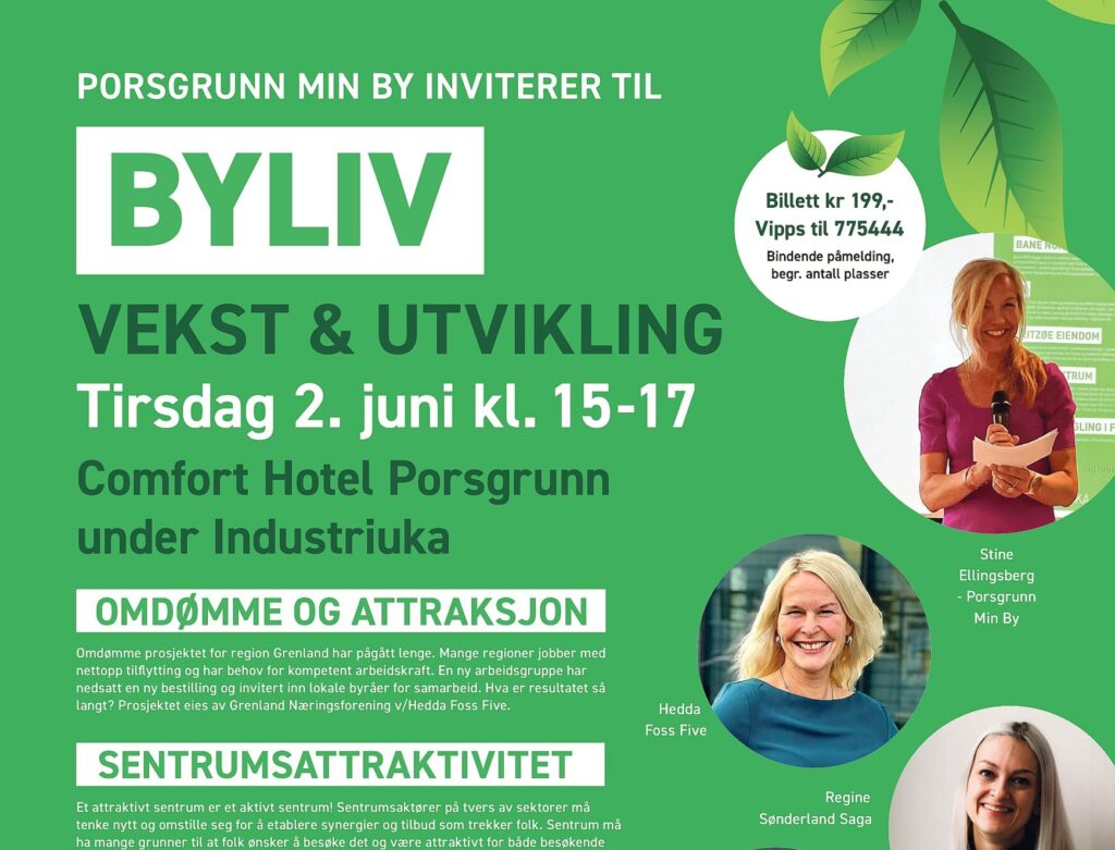 Green event poster announcing BYLIV in Porsgrunn with large BYLIV logo, program title, date, time and venue; circular speaker photos on the right.