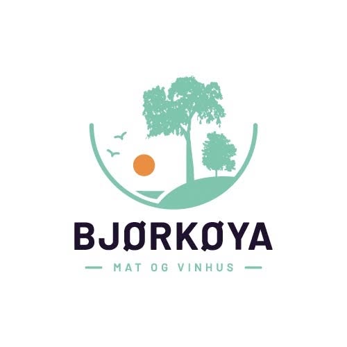 Logo for BJØRKØYA MAT OG VINHUS featuring a circular landscape with trees, sun, and birds.