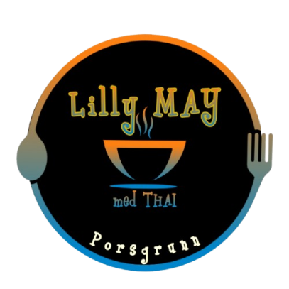 Circular black logo with gradient rim, a steaming bowl icon centered, spoon left and fork right, text reads 'Lilly MAY' and 'Med Thai' with a bottom word 'Poregrunn'