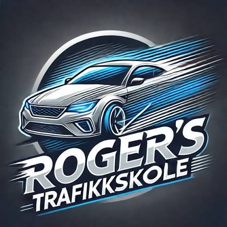 Logo for Rogers Trafikk Skole featuring a silver car in motion with bold white text.